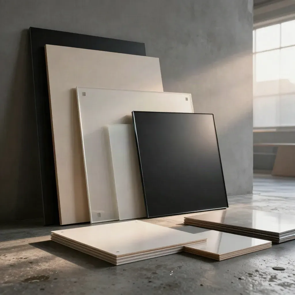 Misty macro of black acrylic sample boards and packaging prototypes in a dramatic design studio.