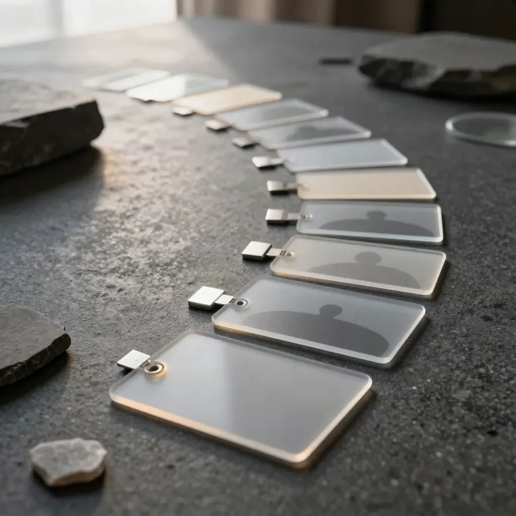 Translucent UI mockup cards and tiles arc across dark stone in cinematic editorial light.