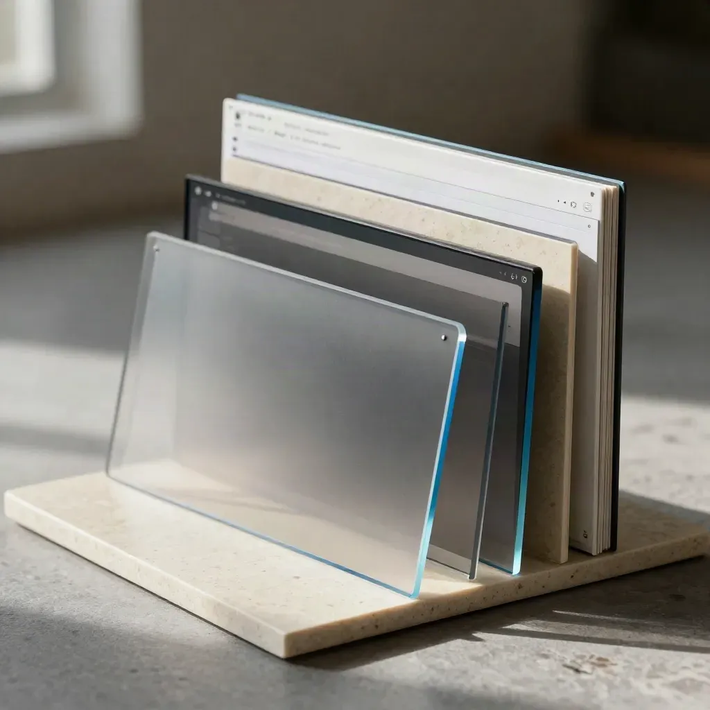 Translucent website boards step into depth on travertine with electric blue rim light.