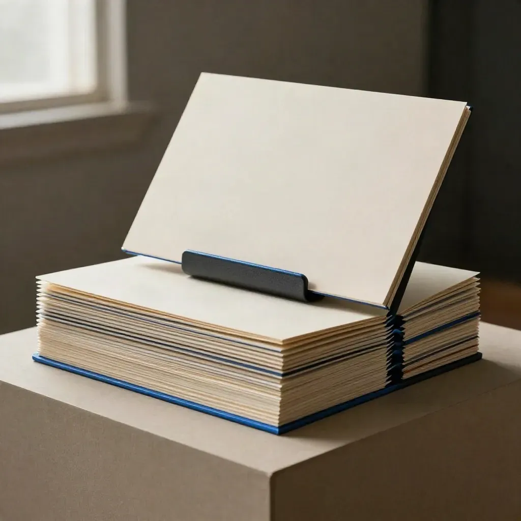 Opened pitch deck case with aligned boards and a small presentation stand on sand plaster.