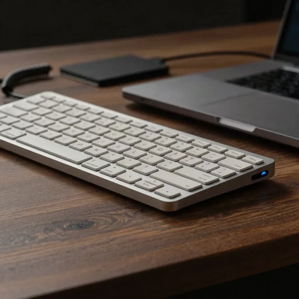 Low-angle still life of a keyboard, trackpad, cable coil and closed laptop on a dark walnut desk.