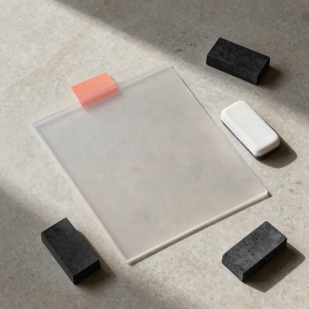 Overhead flatlay of design revision tools on stone with coral tab accents.