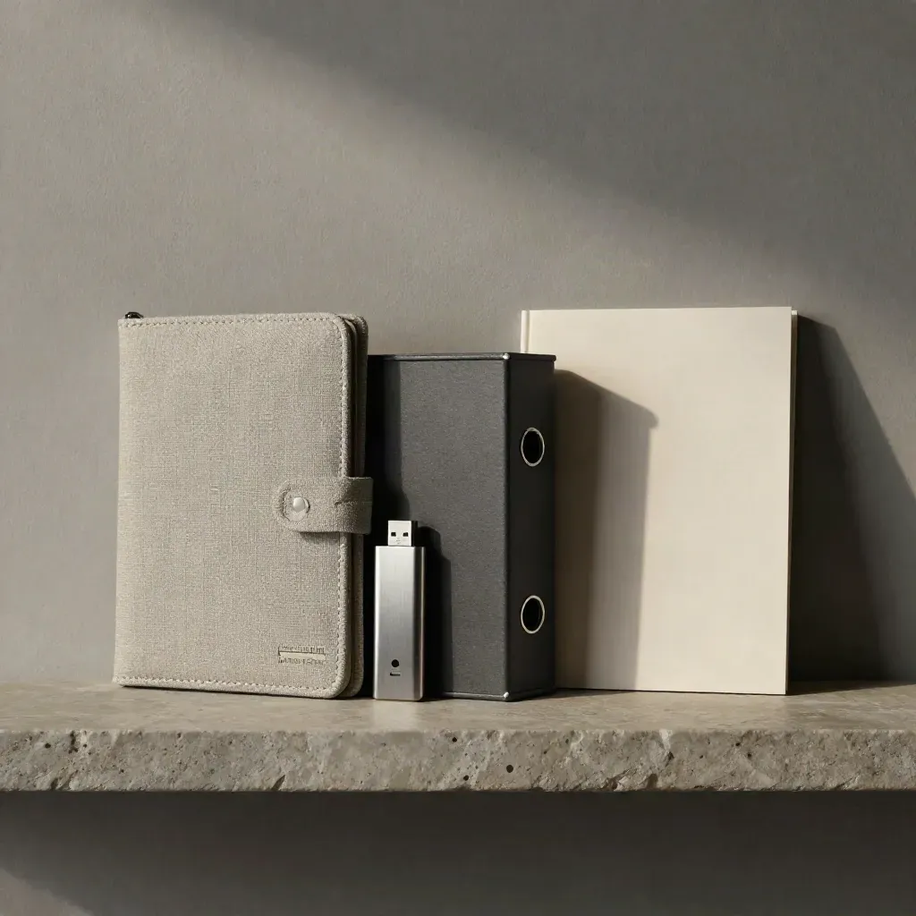 Stone shelf still life of a closed portfolio case, USB drive, file box, and presentation sleeve