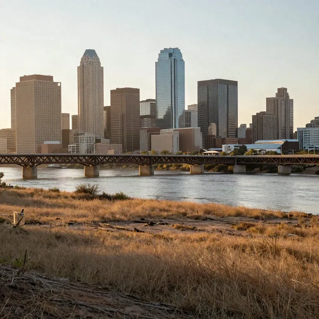 Fort Worth skyline beyond the Trinity River with a long bridge at golden hour